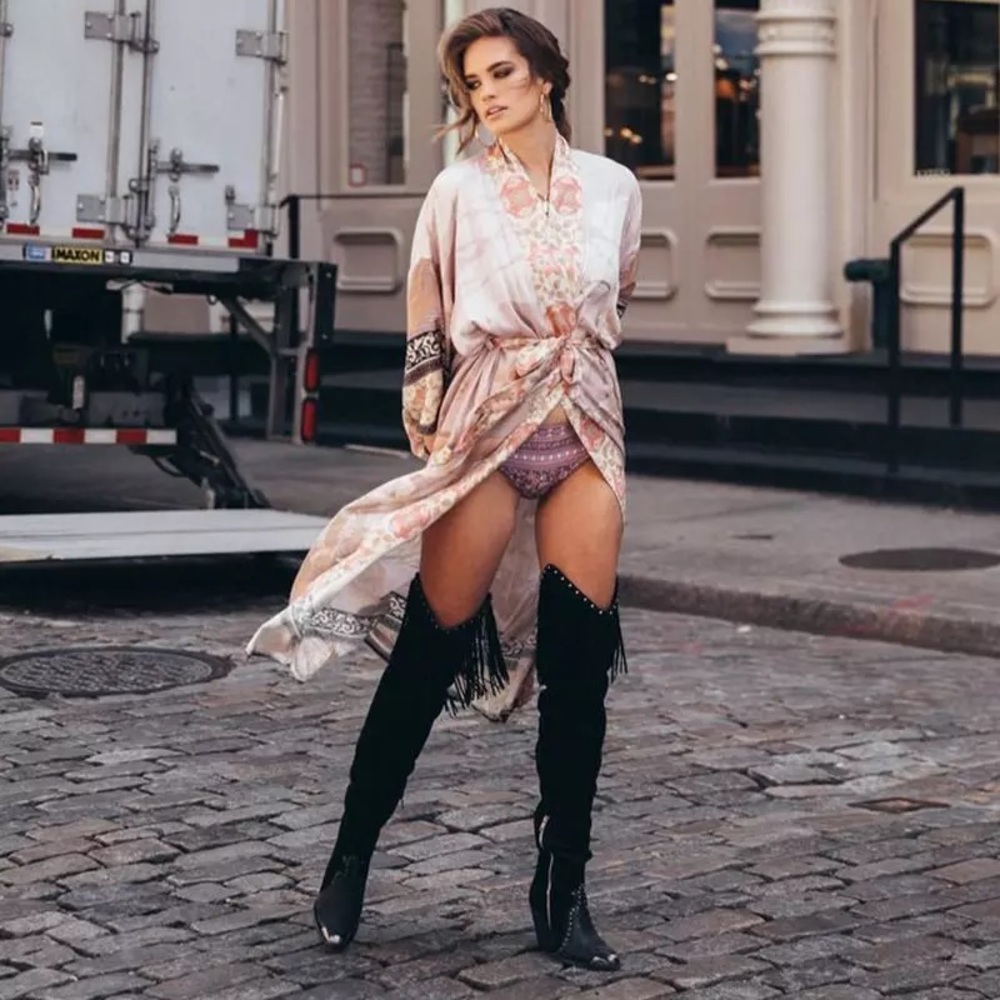 Gypsy Bohemian Kimono Duster In Mauve Pelican - Picture 5 of 11